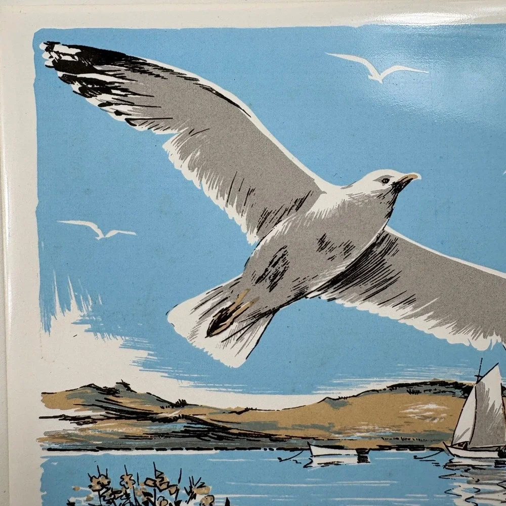 Screen Craft Hand Decorated Ceramics Seagull Sailboat Lake‎ Scene Tile Wall Art